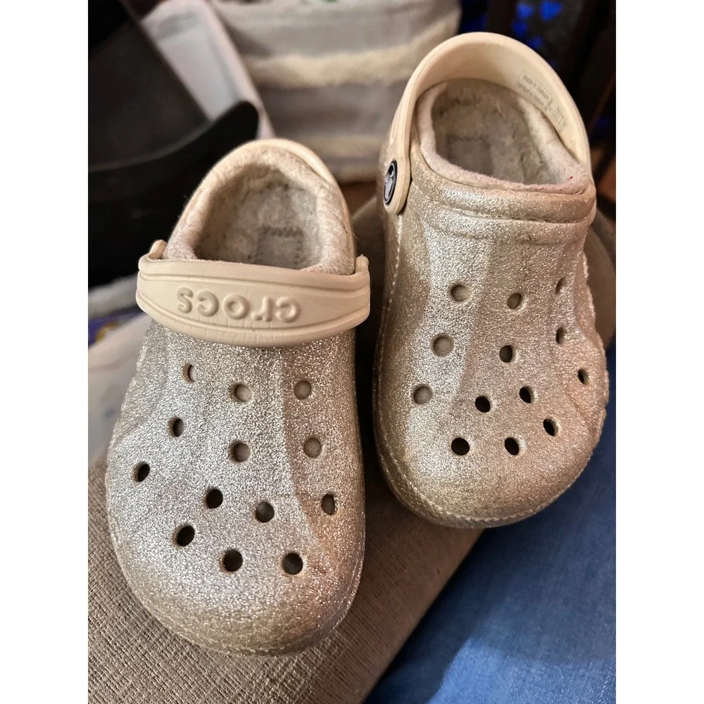 Kids Crocs Baya Lined Glitter‎ Clogs Gold Unisex Toddler Slip On Shoes